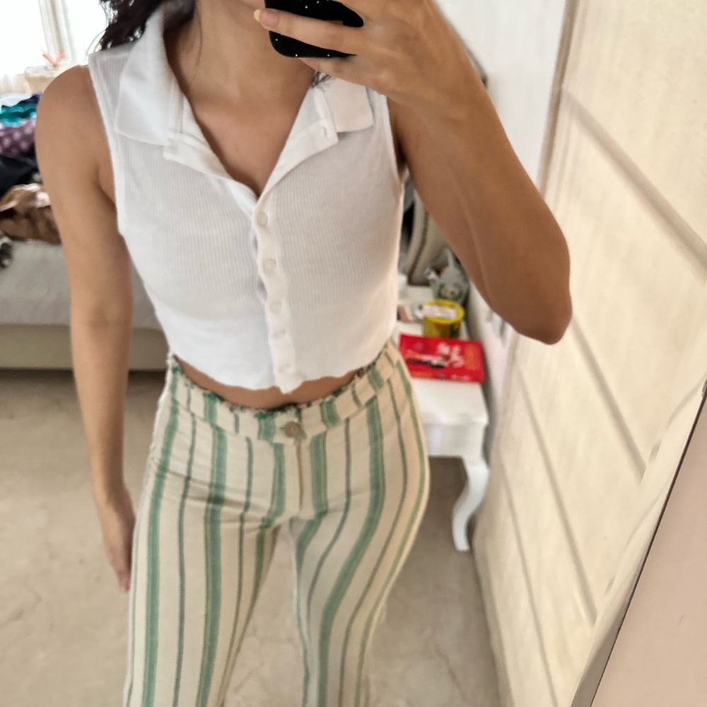 White & green striped bohemian Size S ZARA pants with FREE white primark top. - Picture 2 of 6